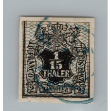 ALEMANIA 1856 ESTADO DE HANOVER Yv 12 ESTAMPILLA EN FRAGMENTO CON MATASELLO AZUL 100 EUROS